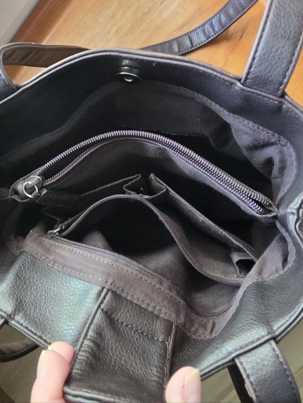Perry Ellis Dark Brown Leather Purse Multipocket Top Handle Shopping Bag Casual - Picture 7 of 8